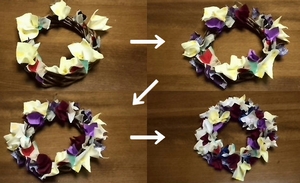 stick the remaining fabrics on the wreath base